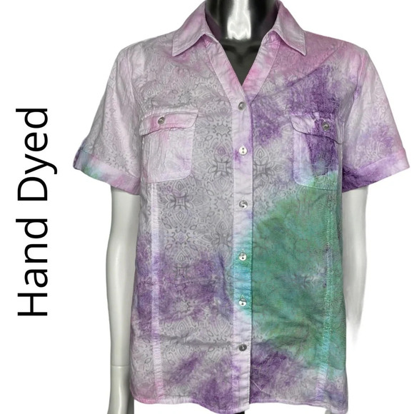 Alia Upcycled Hand Dyed  shirt Sleeve Button Down Shirt Size 8 - Picture 1 of 5